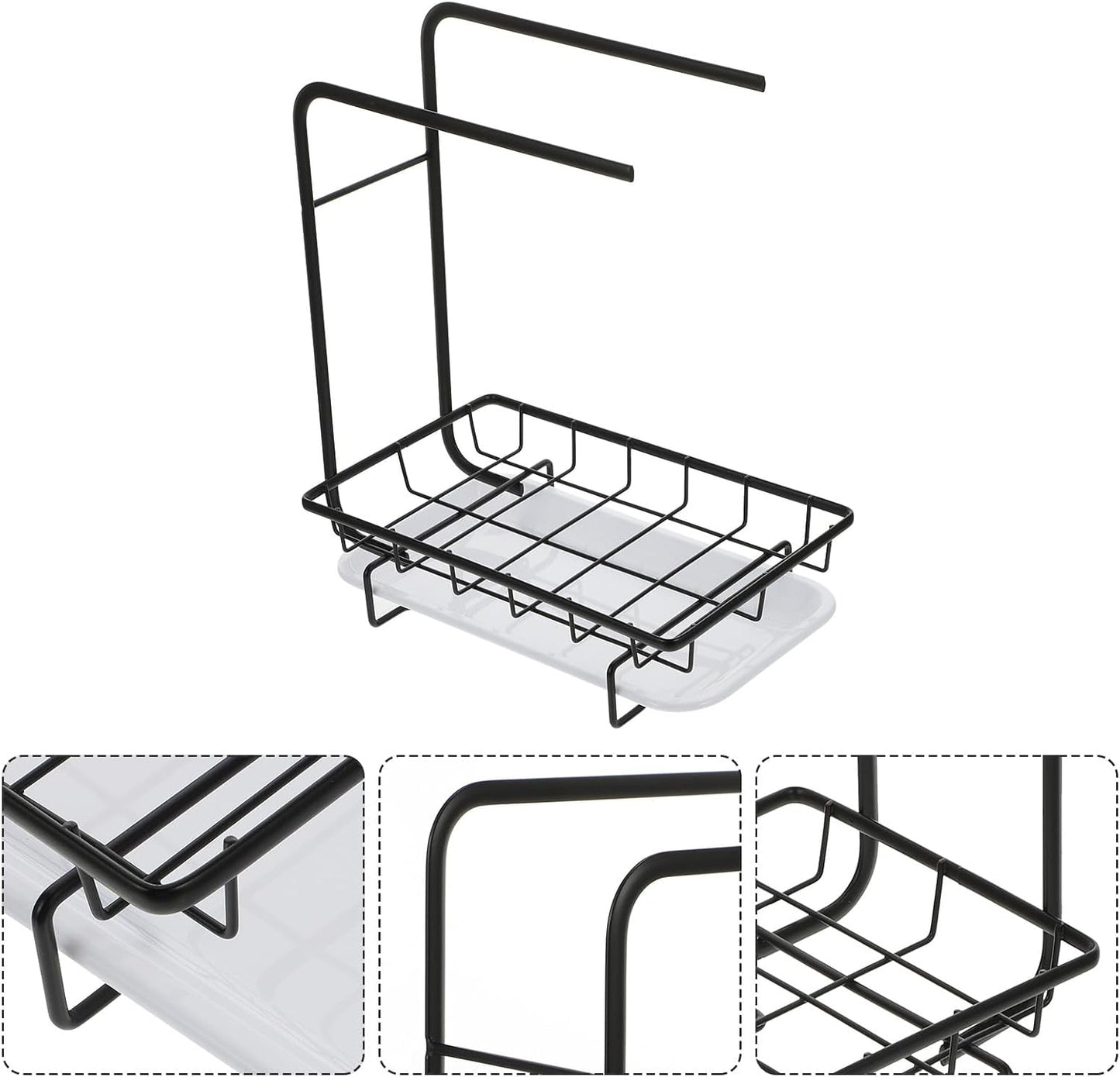 Healifty Kitchen Sponge Rack and Rag Rack, Wall-Mounted and Desktop Dual-Purpose Black Two-Rod Sponge Dishcloth Holder Drainage for Kitchen Storage and Cleaning Organization