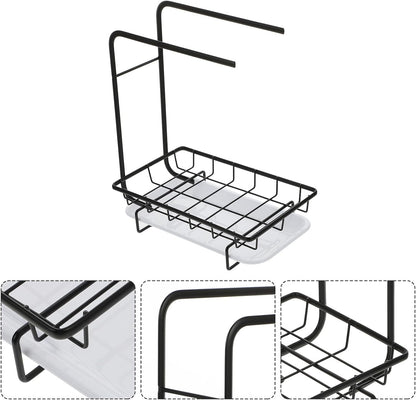 Healifty Kitchen Sponge Rack and Rag Rack, Wall-Mounted and Desktop Dual-Purpose Black Two-Rod Sponge Dishcloth Holder Drainage for Kitchen Storage and Cleaning Organization
