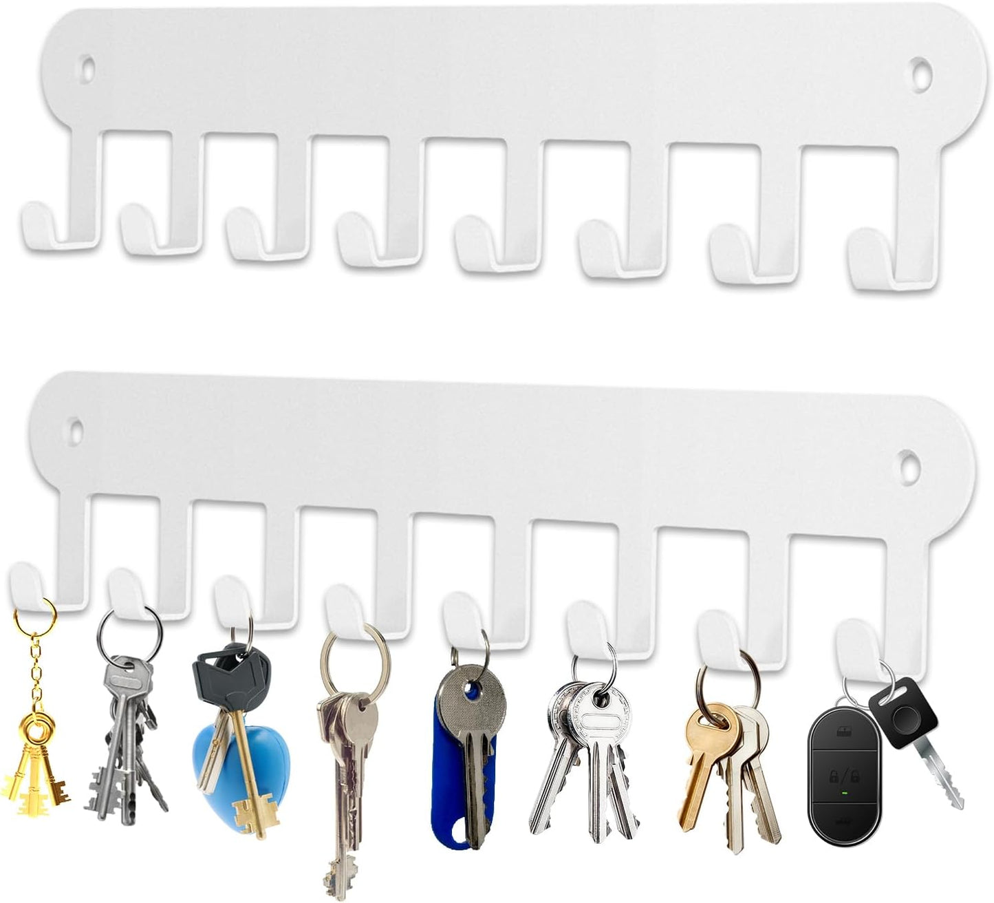 2 Pack Key Holder Wall Mount, Wall Mount Key Holder, Key Hooks Hanging Keys, Key Hanger with 8 Hooks, No-Drill Decorative White Key Rack for Living Room, Kitchen, or Bathroom