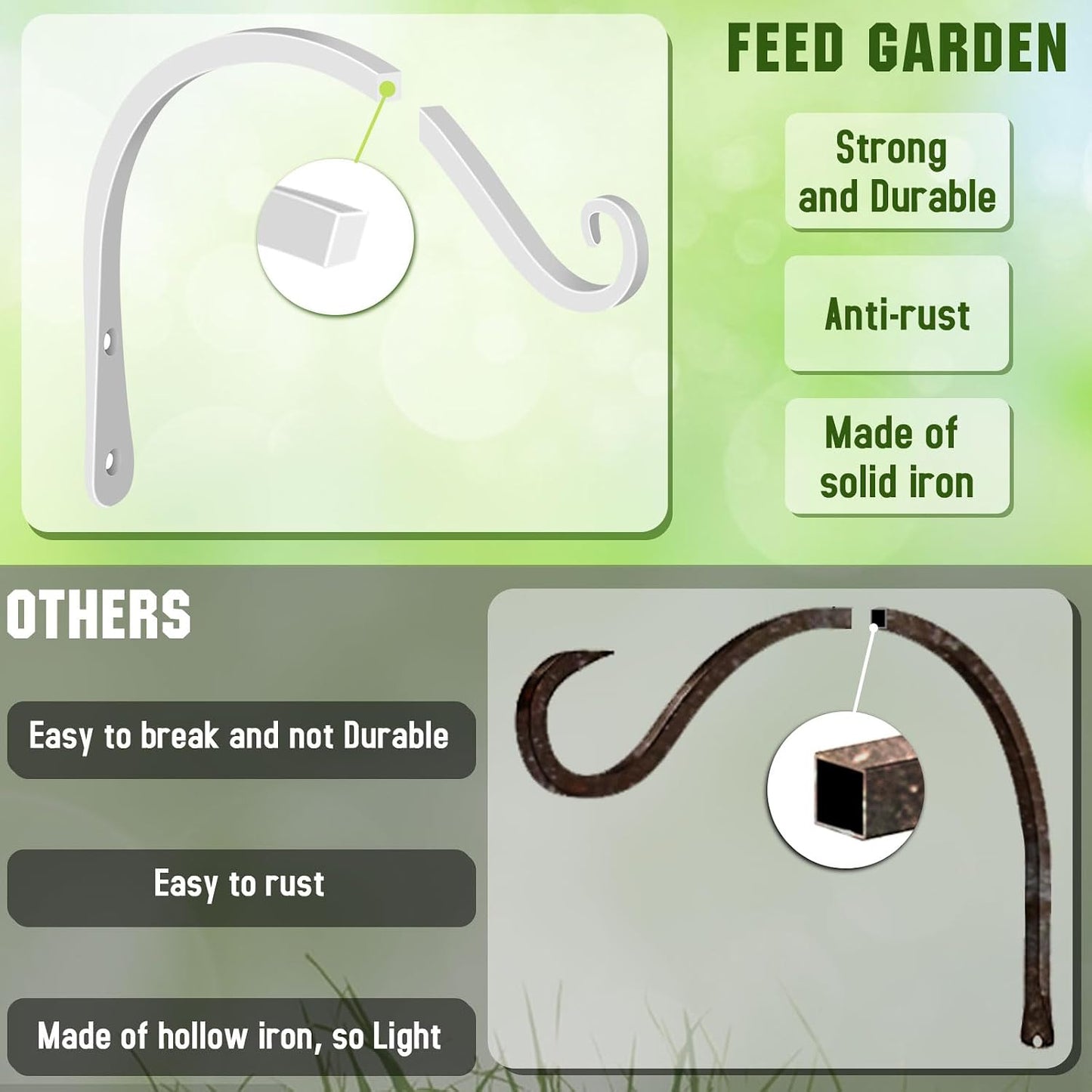 FEED GARDEN Heavy Duty Plant Hangers Outdoor Indoor, 8 Inch 2 Pack Metal Hanging Bracket Holds Up to 44 lbs, Wall Brackets for Hanging Baskets, Bird Feeders,Wind Chime& Lanterns, Black