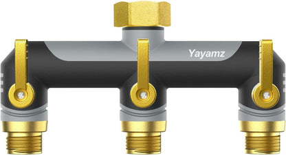 3 Way Garden Hose Splitter, High Flow Outdoor Faucet Splitter with 3 Independent Shut Off Valves, Wide Spacing for Timers, Standard 3/4" GHT for Lawn Yard Garden Watering