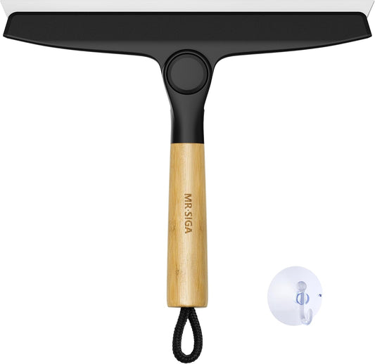 MR.SIGA All Purpose Silicone Squeegee for Shower Door, Mirror, Glass, Streak Free Shower Squeegee, Pivoting Bamboo Handle, Includes 1 Suction Hook, 10 inch Wide, 1 Pack