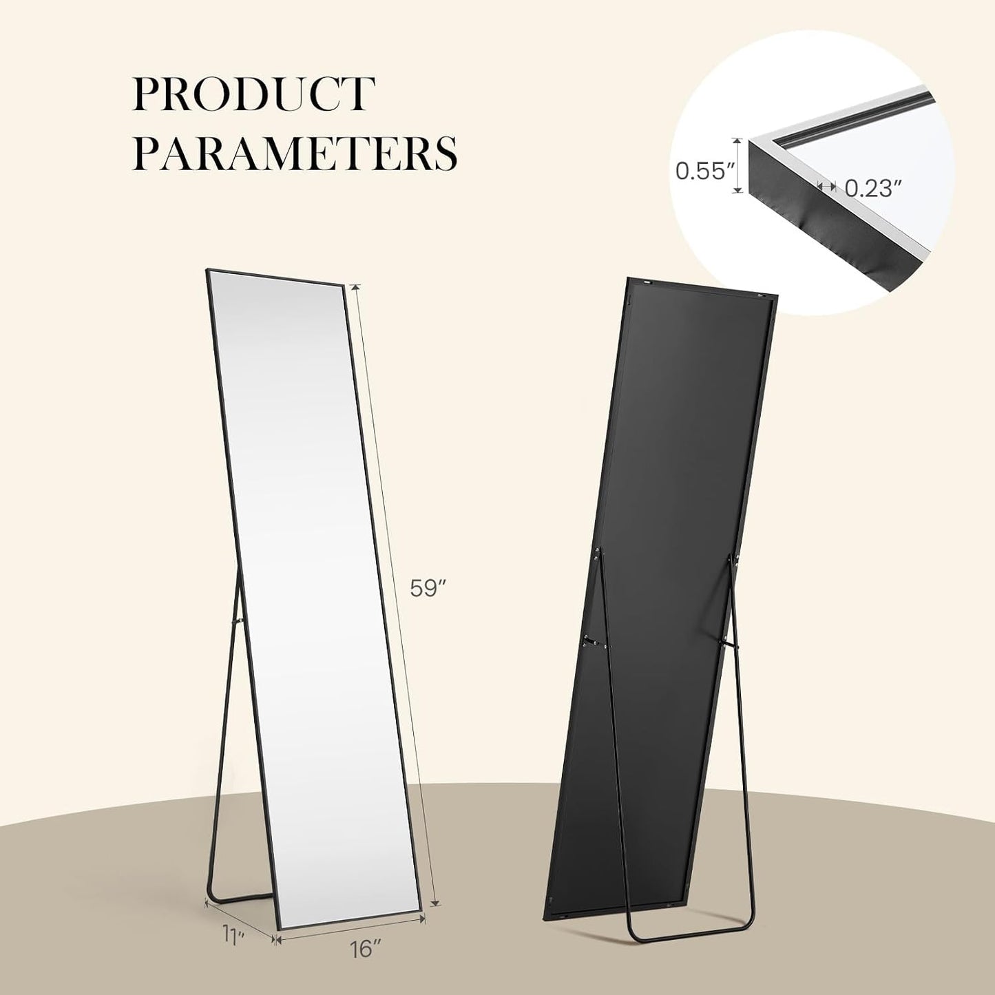 DUMOS 64"x21" Full Length Mirror, Full Body Mirror, Black | Aluminum Alloy Thin Frame, Leaning or Hanging, Suitable for Bedroom, Livingroom, Cloakroom