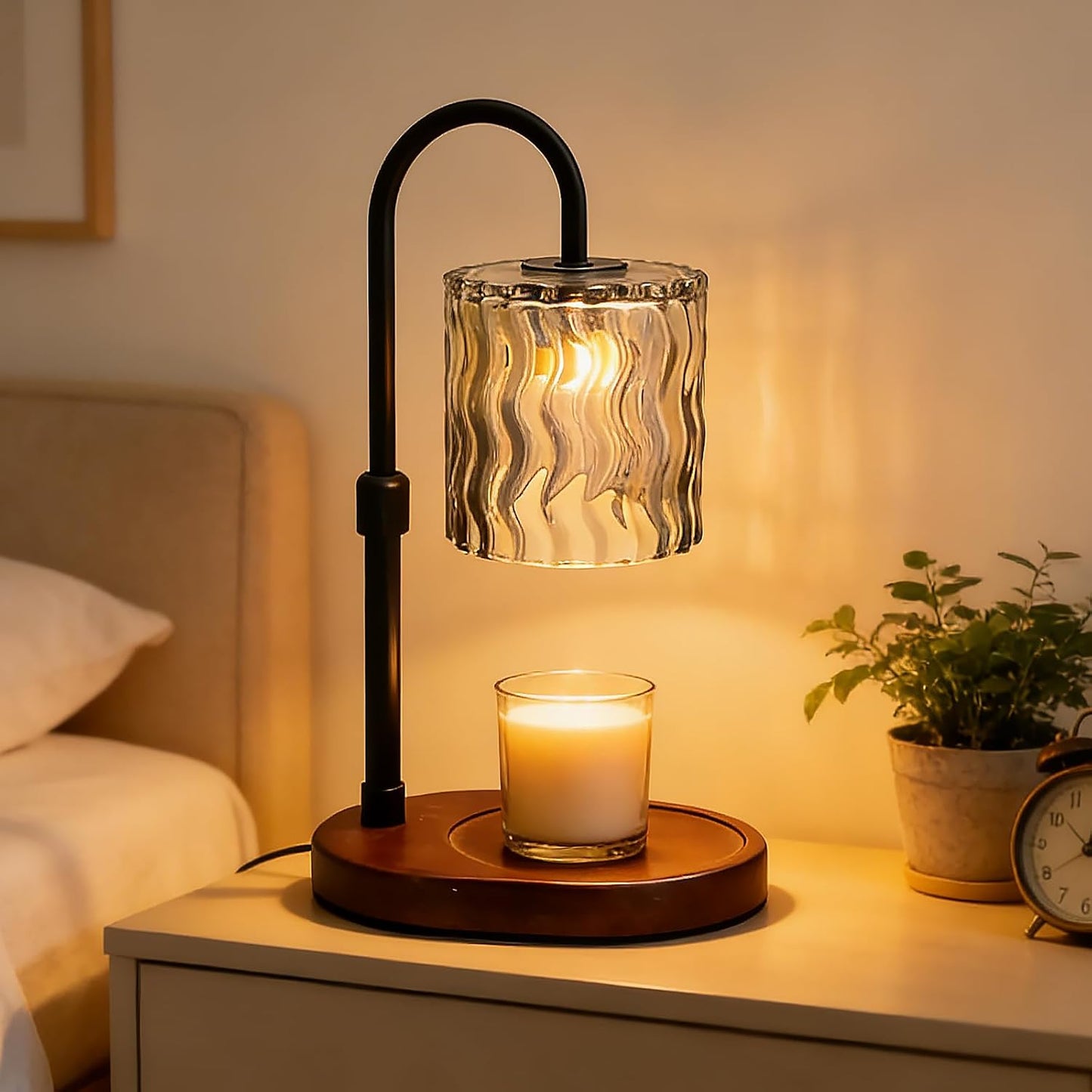 Candle Warmer Lamp with Timer, Dimmer, Vintage Glass Shade | Adjustable height, 2/4/8-hour timer, wood base, 2 bulbs included