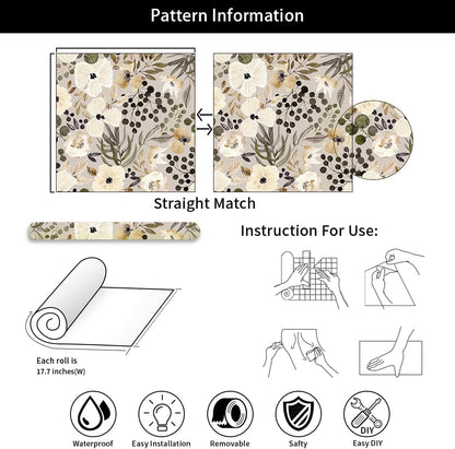 18"x236" Boho Cream/Brown Daisy Flower Peel and Stick Self Adhesive Wallpaper Removable Contact Paper Stick on Easy Peel Off Wall Paper for Kitchen Bedroom Bathroom Renter