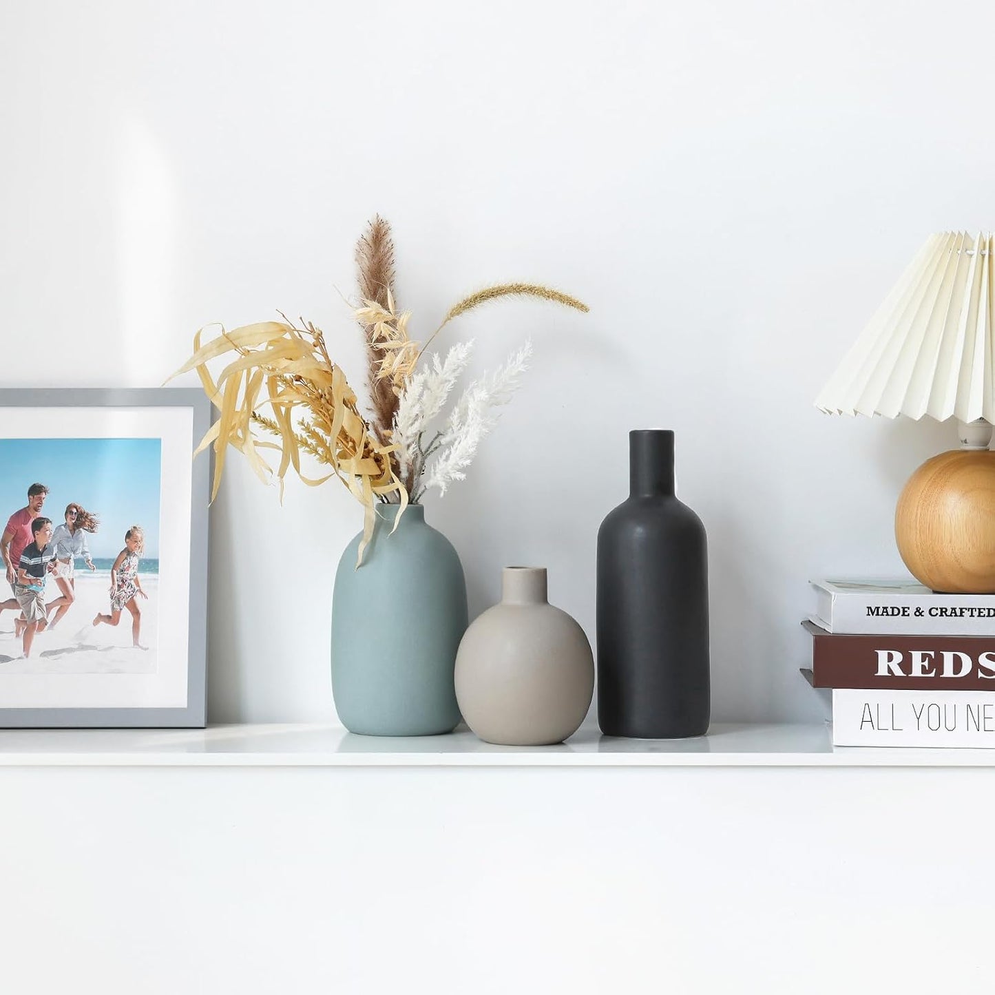 CUCUMI Ceramic Vase Set of 5, Home Decor Farmhouse Décor Handmade Pottery Vases for Pampas Grass, Dried Fresh Flowers, Table, Living Room, Kitchen, Shelf, Entryway Mantel Neutral Tones