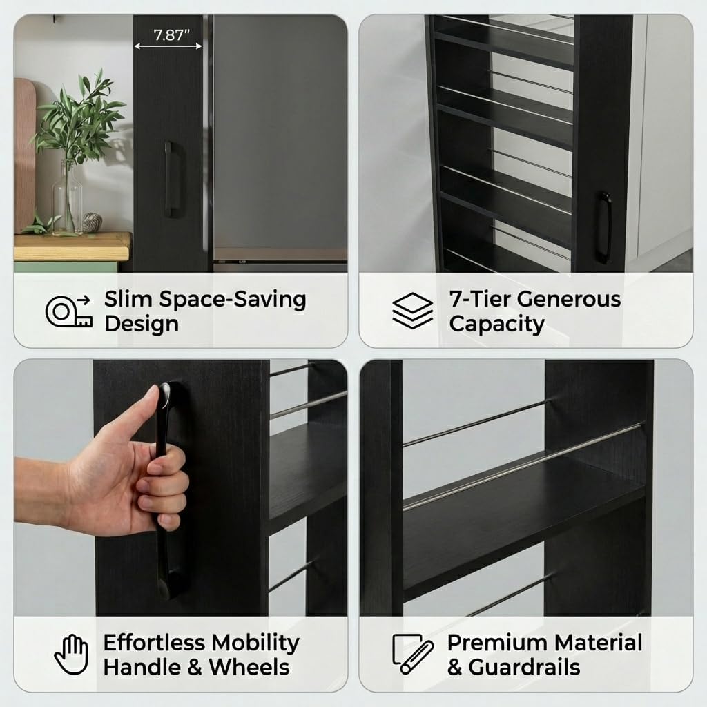 Slim Rolling Storage Cart, 6-Tier Pull-Out Spice Rack with Handle & Wheels, Narrow Kitchen Organizer for Next to Fridge, Pantry, Laundry Room,11.8 Inch Wide Space Saver（Black, With Side Panel)