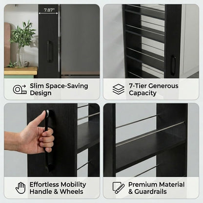 Slim Rolling Storage Cart, 6-Tier Pull-Out Spice Rack with Handle & Wheels, Narrow Kitchen Organizer for Next to Fridge, Pantry, Laundry Room,11.8 Inch Wide Space Saver（Black, With Side Panel)