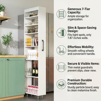 Slim Rolling Storage Cart, 6-Tier Pull-Out Spice Rack with Handle & Wheels, Narrow Kitchen Organizer for Next to Fridge, Pantry, Laundry Room,11.8 Inch Wide Space Saver（Black, With Side Panel)