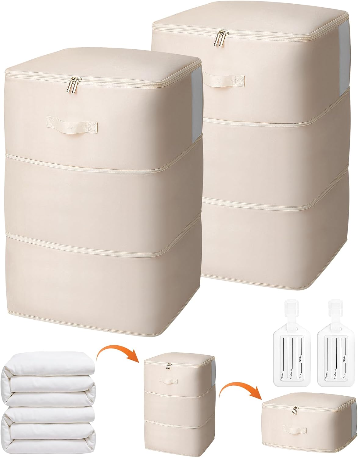 4 Pack Comforter Storage Bag, 68L Blanket Storage Bags Self Compression Comforter Organizer and Storages, Space Saving Washable Compression Bags for Blanket Bedding Pillow Duvet Quilt, Beige