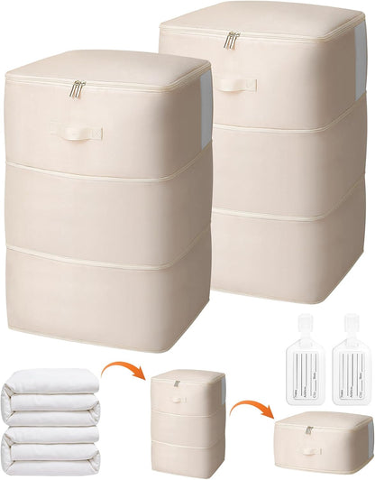 4 Pack Comforter Storage Bag, 68L Blanket Storage Bags Self Compression Comforter Organizer and Storages, Space Saving Washable Compression Bags for Blanket Bedding Pillow Duvet Quilt, Beige