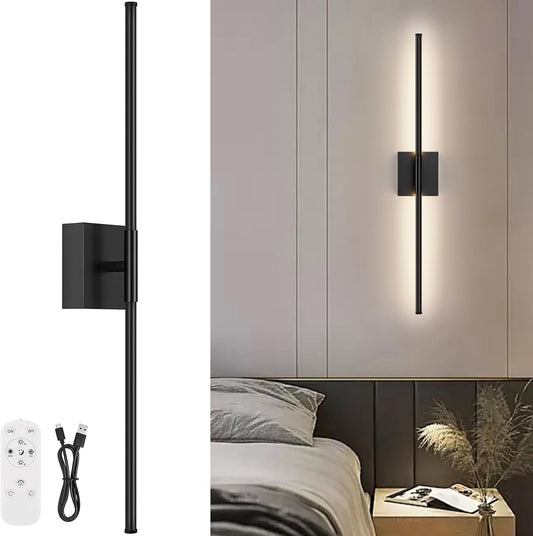 Battery Operated Wall Sconce Set of Two with Remote Control, 3000K-6000K Dimmable Black Wall Lights, Timable LED Wireless Wall Sconces, 350° Ratate for Bathroom, Living Room, Hallway 29.1 Inch