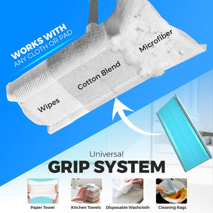 FlexiClamp Sweep & Mop Kit - Compatible with Swiffer Pads, Durable Cleaning Tool for Hardwood, Tile, Marble & Laminate Floors, Home, Kitchen Cleaning Essentials. (Include 10 Dry Cloths)