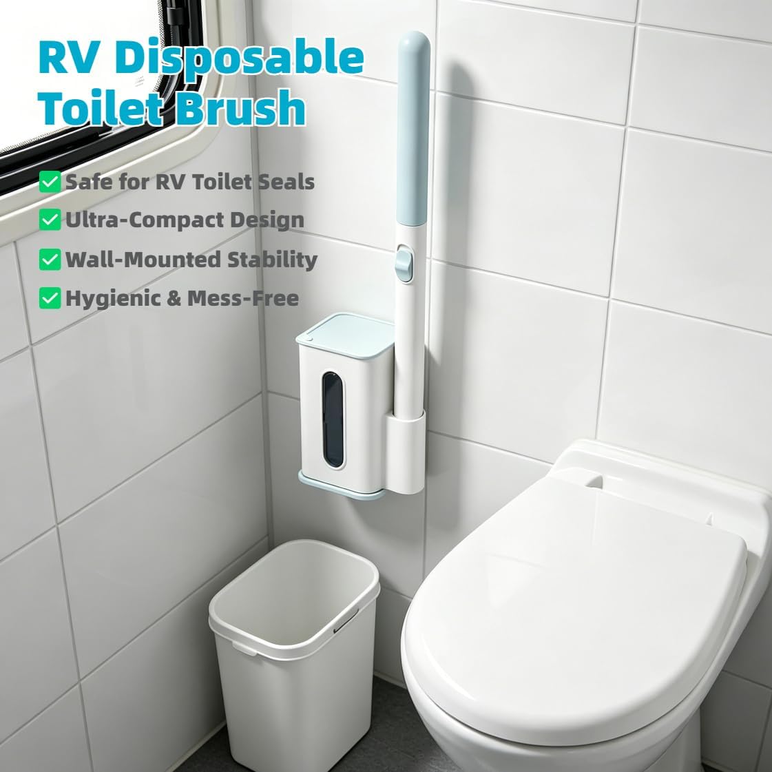 RV Toilet Brush, RV Accessories, Wall Mount Toilet Brush, 64 Toilet Refills | Hands Free Toilet Brush, One-Button Release, RV Toilet Brush and Holder Set, Compact Design, Camper Bathroom Accessories
