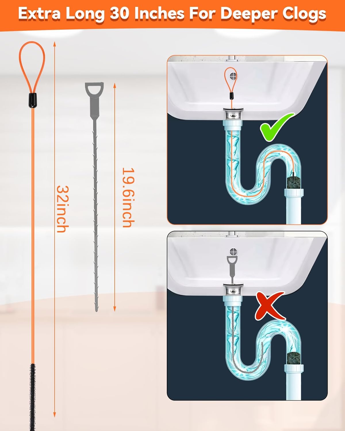 32 Inch Snake Drain Hair Removal Tool (6 Pack), Anti-Break Metal with Nylon Coating Sink Snake, Drain Cleaner Hair Catcher Remover for Shower, Bathroom Sink Tub