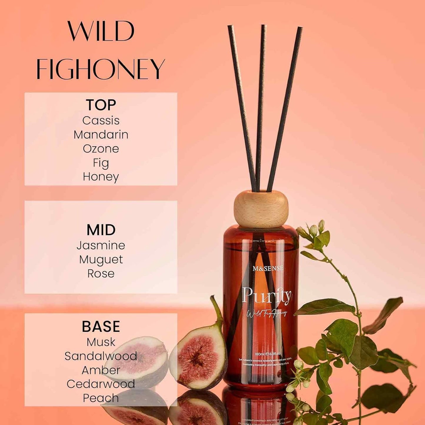 M&SENSE Reed Diffuser Set, Jasmine Sandalwood Scented 6.3 fl oz Natural Essential Oil Diffusers with Sticks, Non-Toxic Organic Air Freshener, Long-Lasting Fragrance Oils for Home Bathroom Living Room