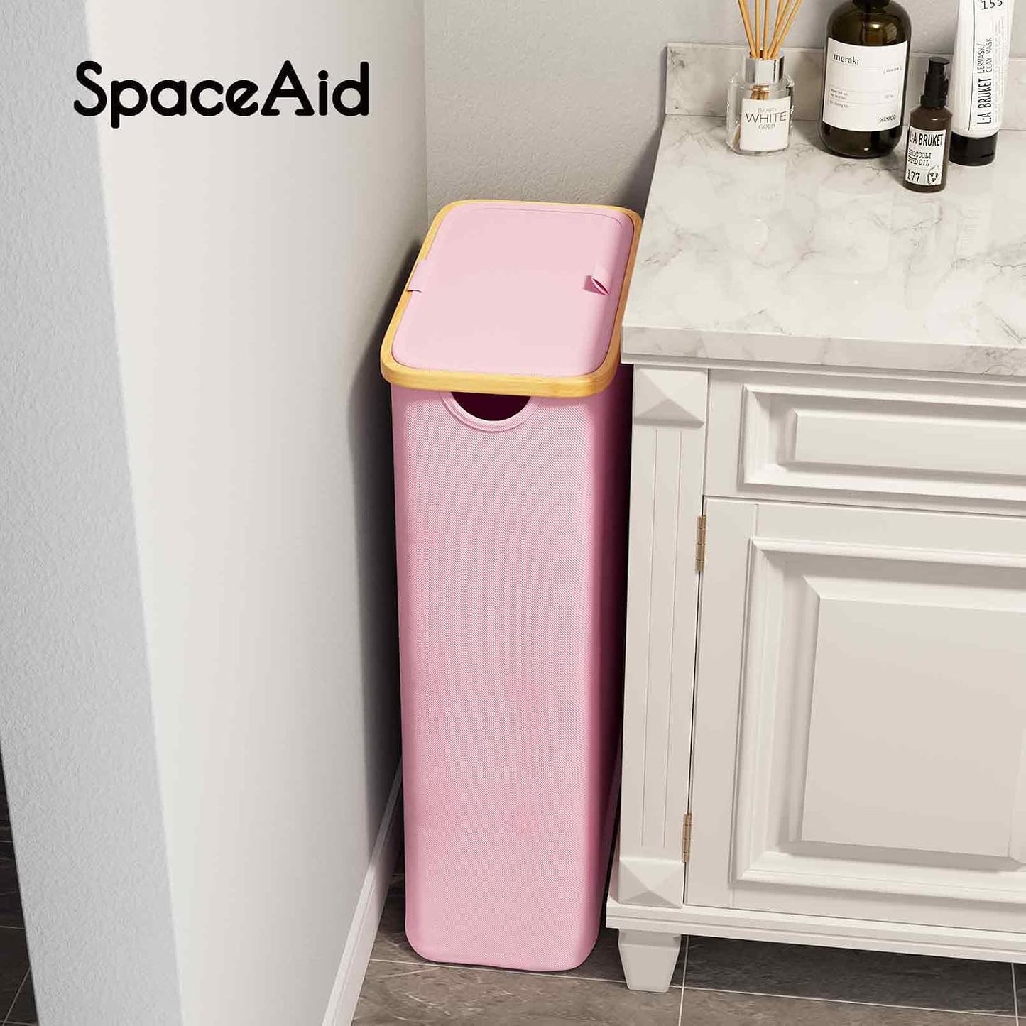 SpaceAid Double Laundry Hamper 2 Section with Lid and Removable Laundry Bags, 160L Clothes Basket with Bamboo Handles, Large Collapsible Hamper for Bedroom, Bathroom, Dorm, Laundry Room - White