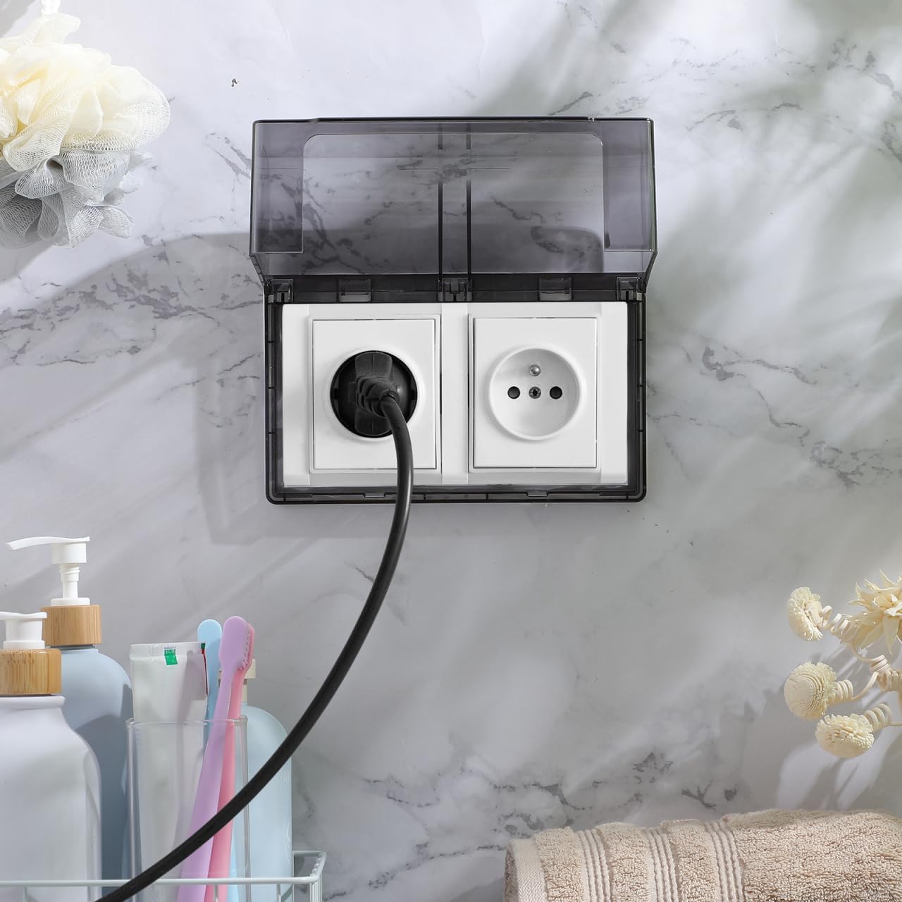 Garneck Waterproof Outdoor Outlet Cover: Weatherproof Double-Gang Electrical Receptacle Protector Box with flip-top design Adhesive wall mount Plug Socket Cover for Home, Kitchen, Bathroom, Patio