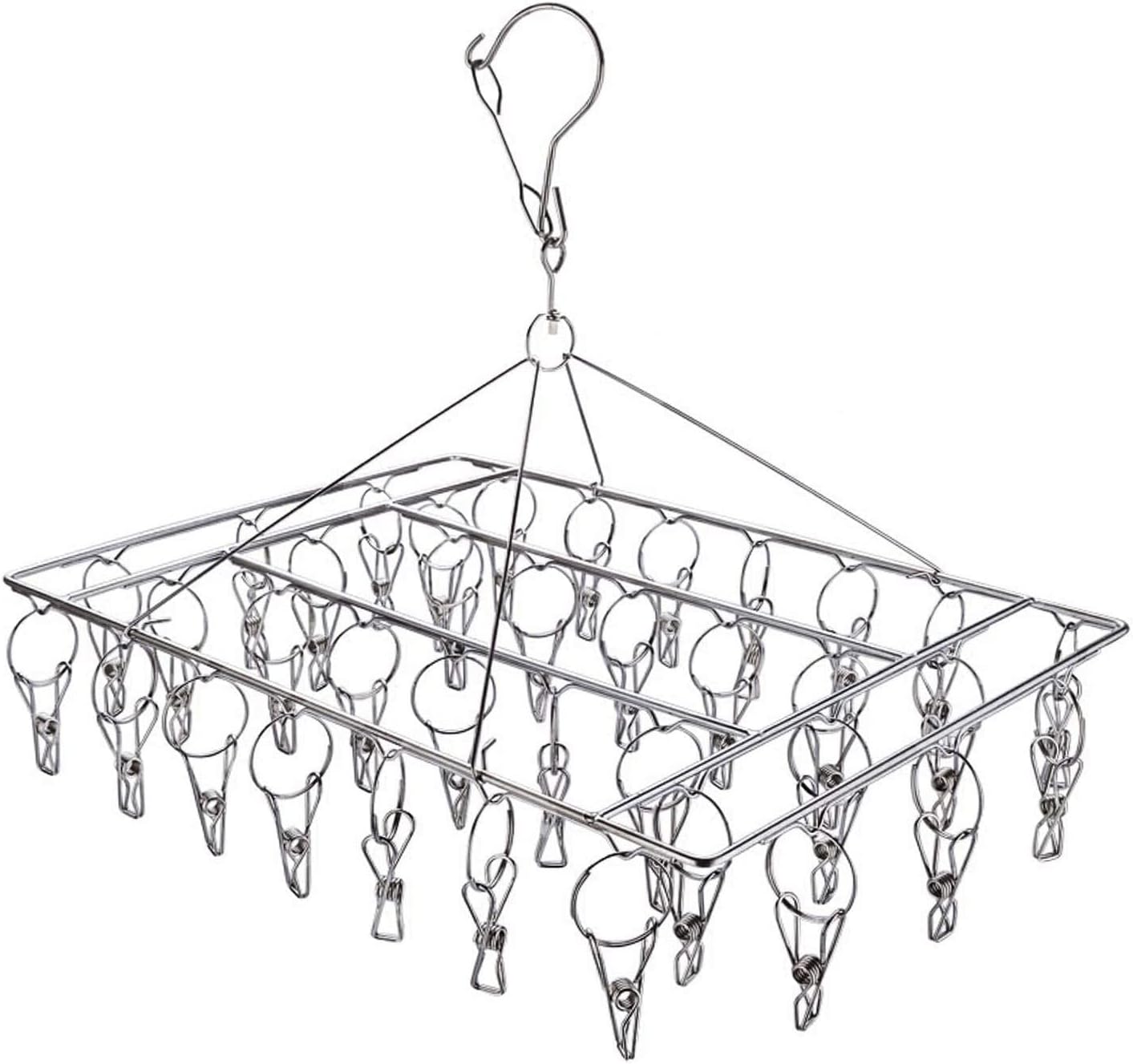 Clothes Sock Drying Rack with 36 Clips, Stainless Steel Underwear Dryer Swivel Laundry Hanger with Windproof Hook for Hanging Towels Bras Gloves Baby Clothes Indoor Outdoor