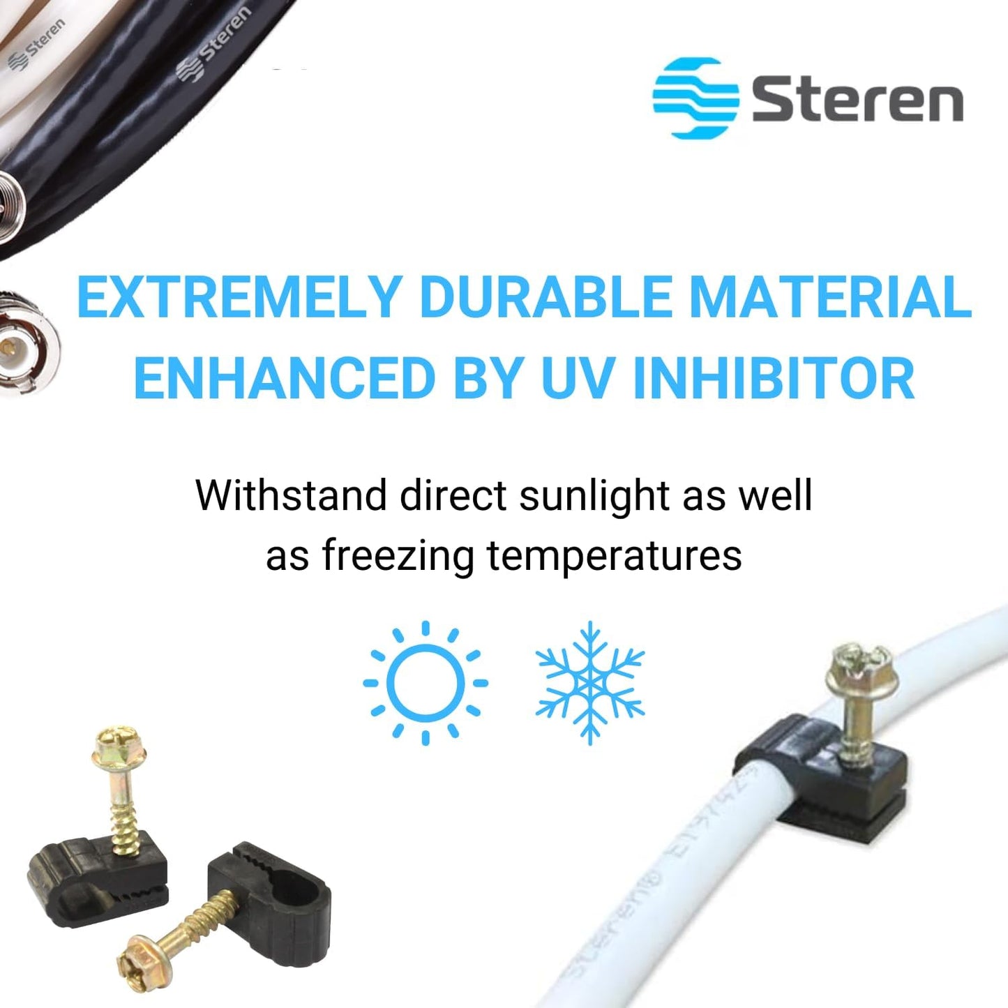 STEREN Coaxial Cable Clips - Cable Holder - Wire Clips - Siding Clips For Hanging - Cord Holder For Desk - Cable Clamps - Cord Clip - Wire Organizer Clips - Tv Mount Screws - Black - 100 Pack