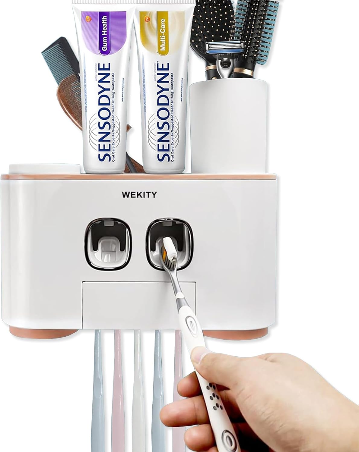 Toothbrush Holder Wall Mounted, WEKITY Multi-Functional Toothbrush and Toothpaste Dispenser for Bathroom, with 5 Toothbrush Slots, 2 Toothpaste Squeezers and 4 Cups(Grey)
