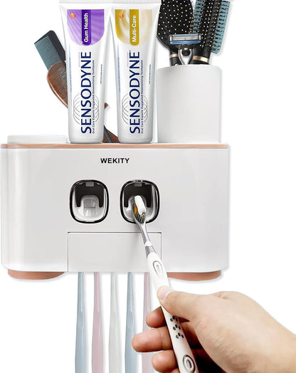 Toothbrush Holder Wall Mounted, WEKITY Multi-Functional Toothbrush and Toothpaste Dispenser for Bathroom, with 5 Toothbrush Slots, 2 Toothpaste Squeezers and 4 Cups(Grey)