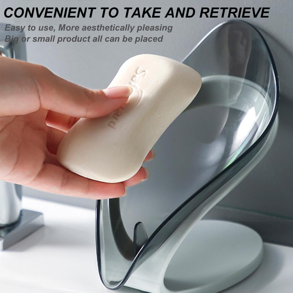 H&W 2Pcs Self Draining Soap Holder,Suction Cup Soap Dish,Shower Soap Bar Holder,Leaf Shape Soap Holder,Soap Dish Dispenser for Shower, Bathroom, Kitchen Sink (Grey + Blue)