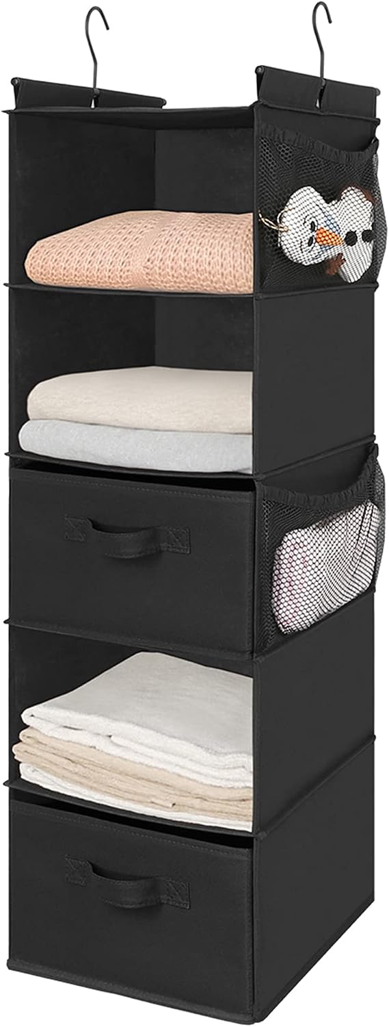 MAX Houser 4-Shelf Hanging Closet Organizer, Space Saver, Cloth Hanging Shelves with 2 Side Pockets, Foldable (Beige)