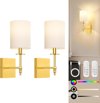 24.8 Inch Black Battery Operated Wall Sconces Set of 2, Rechargeable Wireless Wall Lights with Remote & White Fabric Shade, Indoor Not Hardwired Dimmable Wall Lamps for Bedroom, 2 Bulbs Included
