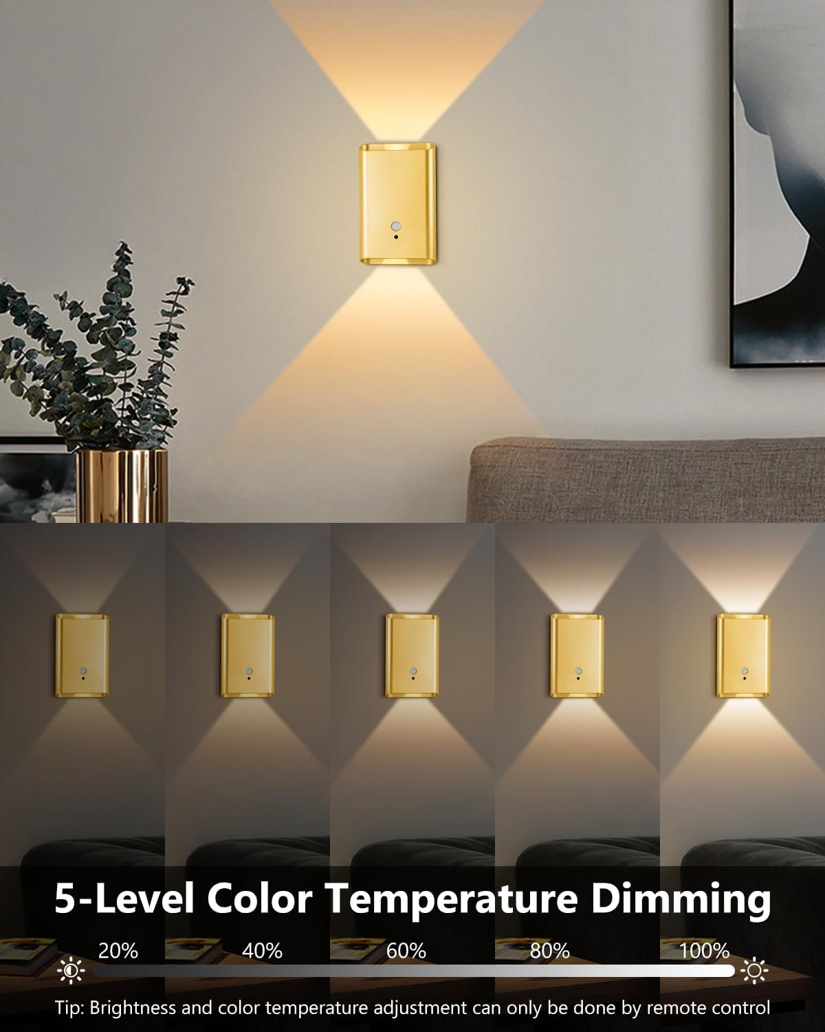 Rechargeable Motion Sensor Wall Sconce Set of 2 – 5000mAh Wireless Battery Operated Wall Light Indoor, 3 Colors Up/Down Lighting Magnetic Night Light with Remote Control for Bedroom, Hallway (Black)