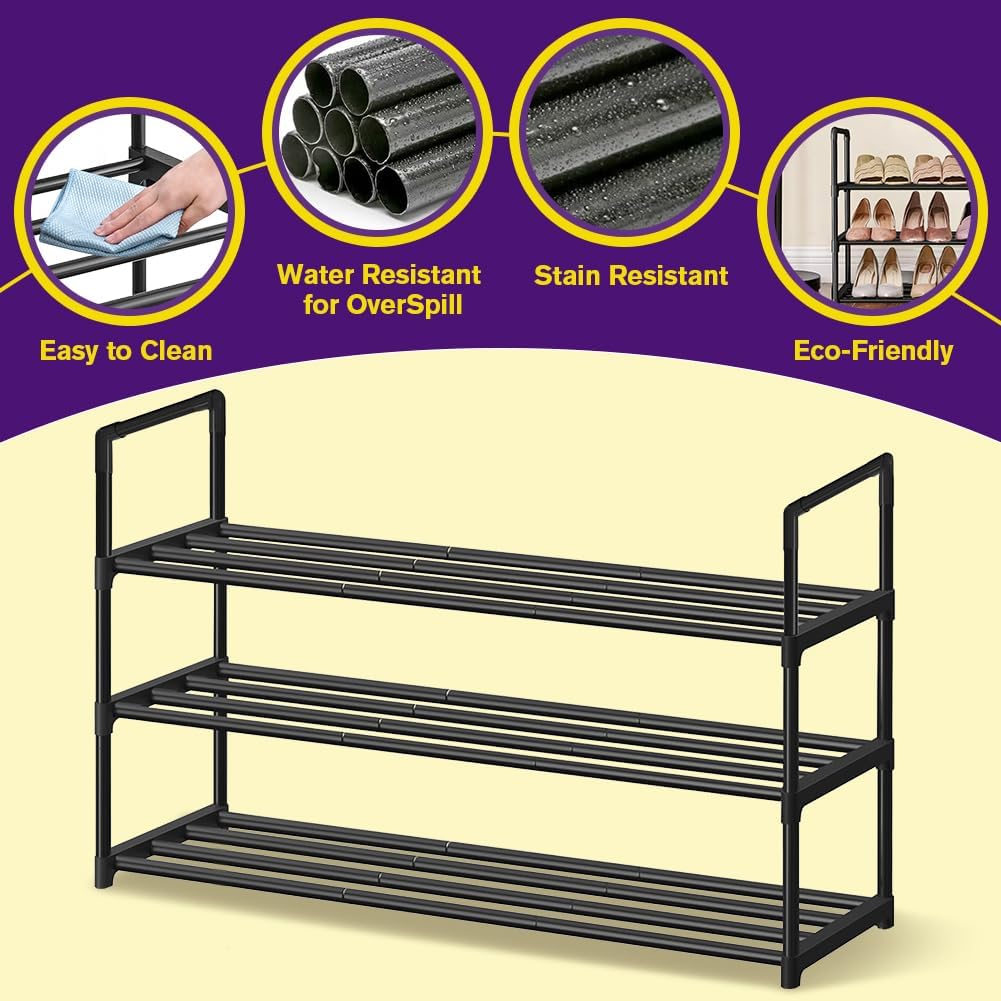 Shoe Rack - Metal Shoe Rack Organizer - Stackable Shoe Storage Shelf for Entryway, Closet, Bathroom 30cm(D) x 92cm(W) x 55cm(H) -Black (3-Tier)