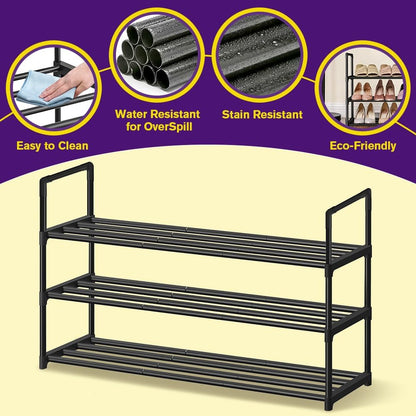 Shoe Rack - Metal Shoe Rack Organizer - Stackable Shoe Storage Shelf for Entryway, Closet, Bathroom 30cm(D) x 92cm(W) x 55cm(H) -Black (3-Tier)