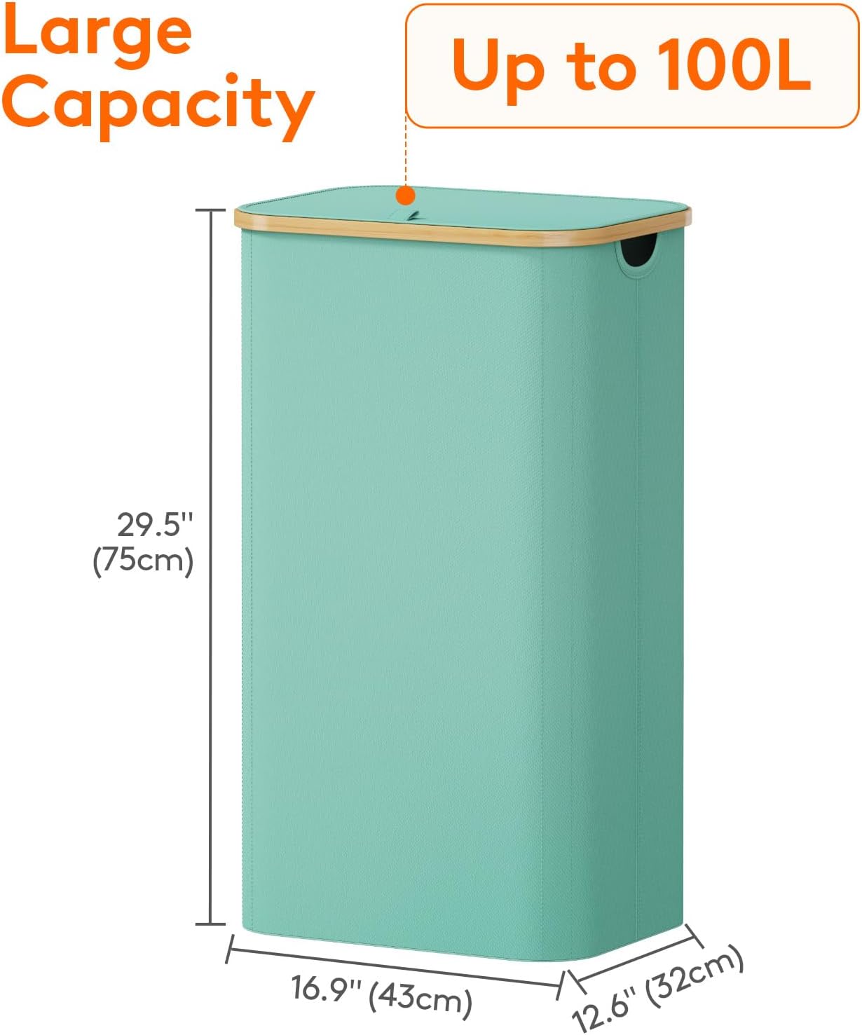 Lifewit 120L Laundry Basket with Lid, Clothes Hampers for Laundry with Bamboo Handles and 2 Removable Bag, Large Foldable Laundry Hamper for Bedroom, Bathroom, Dorm, Laundry Room, Beige