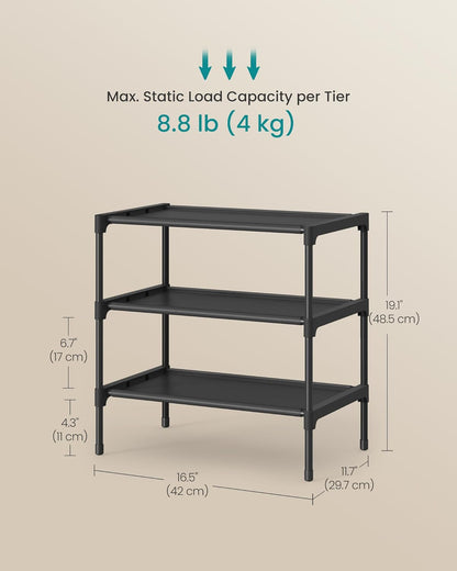 SONGMICS Shoe Rack, 2-Tier Shoe Storage Organizer, Space-Saving, 11.7 x 16.5 x 12.2 Inches, Entryway, Metal Frame, Non-Woven Fabric Shelves, Ink Black ULSH012BH01