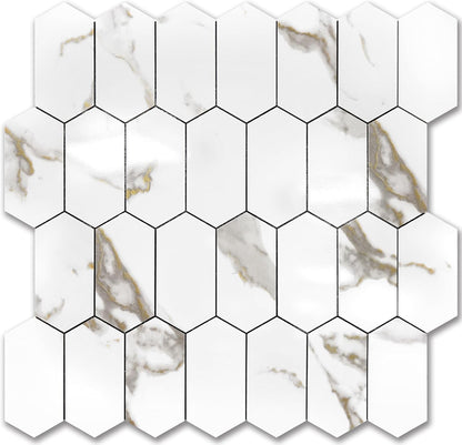 Vamos Tile Long Hexagon Peel and Stick Backsplash Tile - 10 Sheets Stick on Backsplash for Kitchen and Bathroom 12.4 x 12 Inch Glossy Wood Grain PVC Self Adhesive Mosaic Wall Tiles