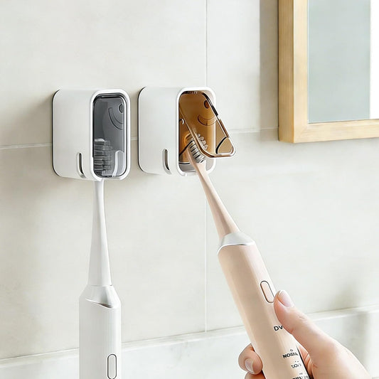 Wall Mounted Toothbrush Holders with Cover for Shower, 2PCS Single Slot Toothbrush Dispenser Storage Organizer for Bathroom, Family & Travel Use (Gray+Brown)