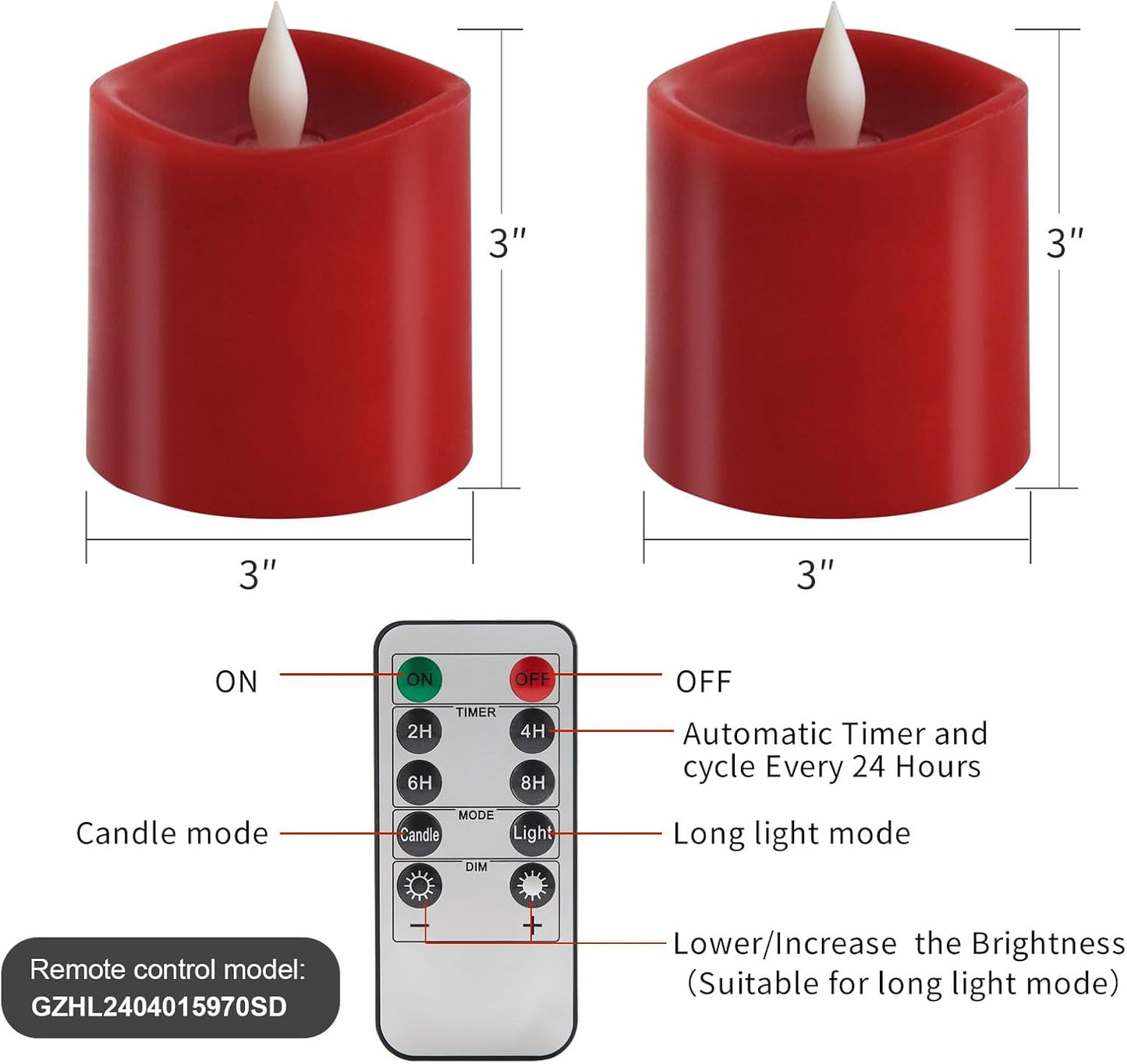 3x3 Flickering Flameless Candles Set of 2, 2AA Battery Life 600 Hours Battery Candles Flickering with Timer,3 inch Flameless Candles with Remote for Indoor/Outdoor, Ivory