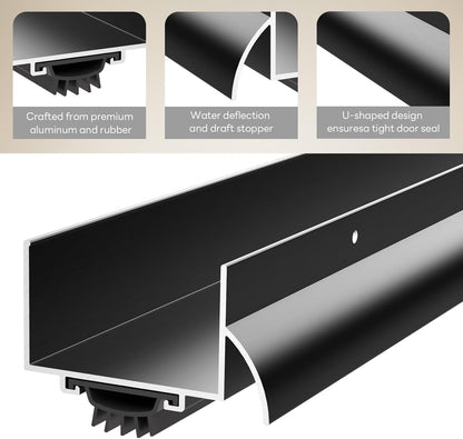 1-3/4" x 48" U Shaped Door Bottom Sweep with Drip Cap, Aluminum Weather Stripping Seal, Metal Screw-on Under Door Seal for Exterior Doors (Black, 1 Pack)