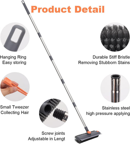 Floor Scrub Brush with 64" Long Handle - 360° Swivel Heads Household Push Brush with Squeegee and Right Angled Bristle for Cleaning Concrete Floors Grout Gardens Patio Deck Concrete Garage Heavy Duty