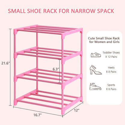 LNYZQUS Small Kids Shoe Rack, 4 Tier Pink Shoe Organizer Shoe Shelf for Closet,Stackable Narrow Shoe Stand Slim Zapateras Organizer,Cute Toddler Shoe Rack Floor for Women & Girls-Full Pink