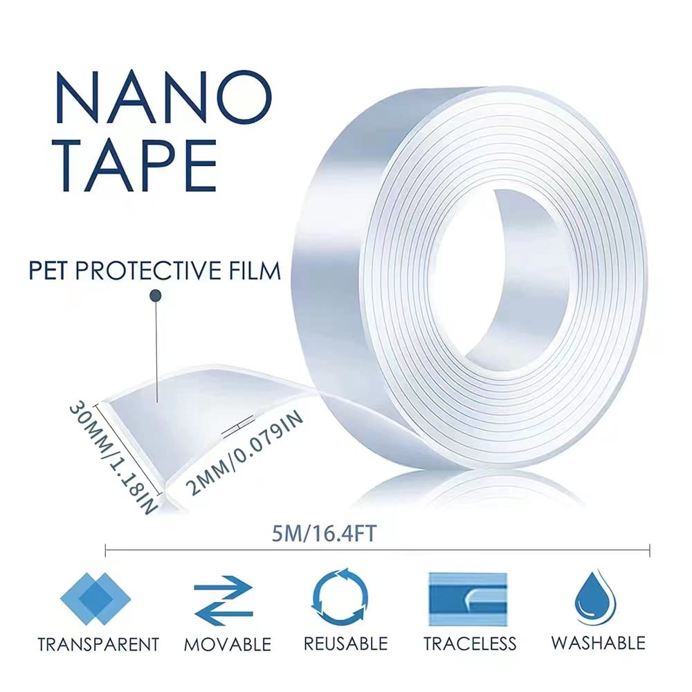Heavy Duty Double Sided Nano Tape, 16.5FT Removable Mounting Tape, Clear Sticky Wall Tape No Residue, Multipurpose Adhesive Tape for Home Office, Poster, Picture Hanging, Indoor & Outdoor Use