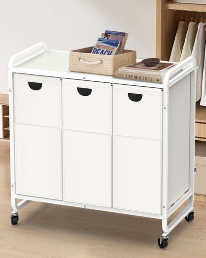 Laundry Sorter 3 Section,Laundry Basket with Wheels,3×15.8 Gal (60L) Laundry Hamper Organizer with Large Wooden Desktop Sorter,Pull-Out and Removable 900D Oxford Fabric Laundry Bags for Laundry Room