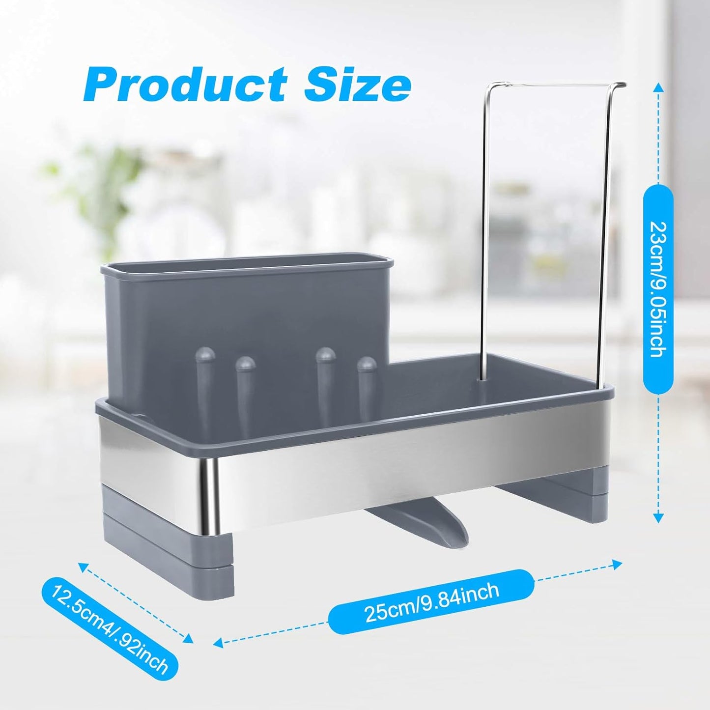 Kitchen Sink Caddy,Sponge Holder for Kitchen Sink with Dish Brush Holder, Auto Drain Tray, Sponge Drain Rack,Stainless Steel Sink Organizer Countertop，Sponge Soap(Grey)