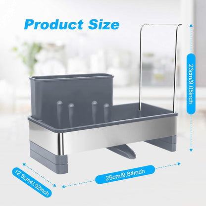 Kitchen Sink Caddy,Sponge Holder for Kitchen Sink with Dish Brush Holder, Auto Drain Tray, Sponge Drain Rack,Stainless Steel Sink Organizer Countertop，Sponge Soap(Grey)