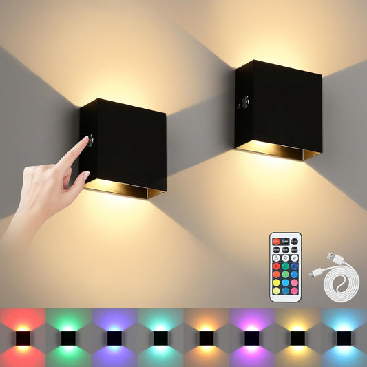 Lightess RGB Rechargeable Wall Sconces Set of Two with Remote Control, 13 Colors LED Cordless Wall Lights, Dimmable Wall Lamp for Bedroom, Living Room, Hallway (Gold)
