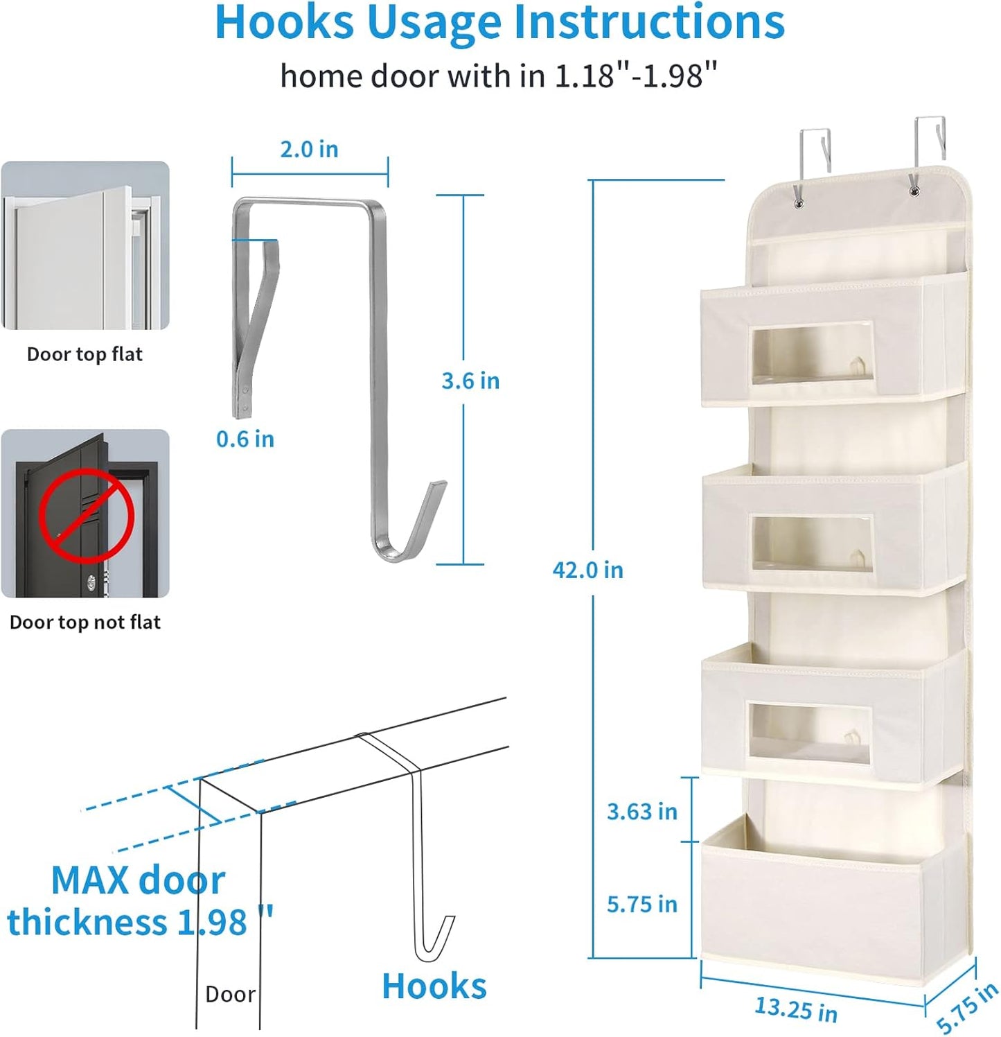 MAX Houser 4-Shelf Over The Door Hanging Organizer with 2 Metal Hooks, Gray | 4 Pocket Swing-proof Behind Door Organizers with Clear Windows for Bathroom Closet, Dorm