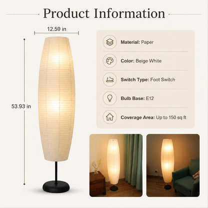 Rice Paper Floor Lamp with Foot Switches,White Paper Floor Lantern,Art Deco Ambient Lighting,Minimalist Tall Standing Lamp for Bedroom Living Room and Study Room