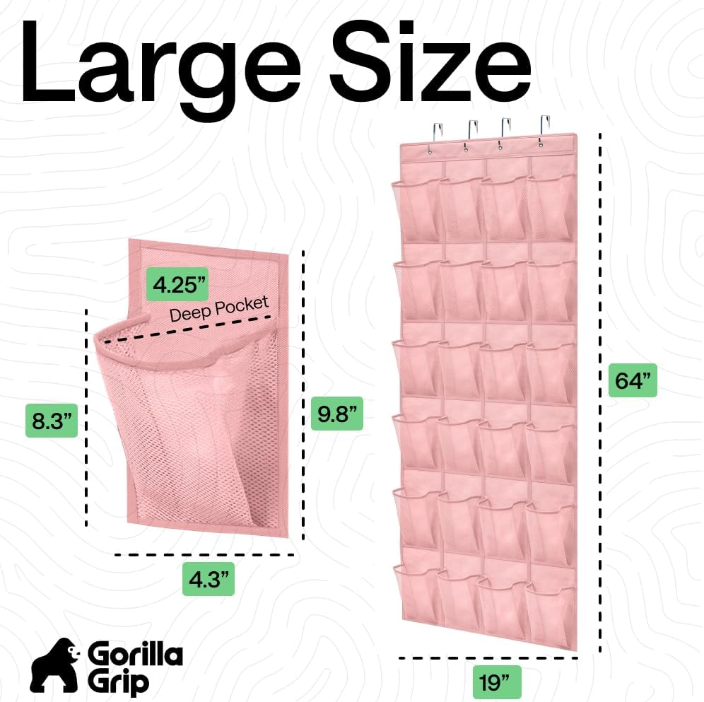 GORILLA GRIP Over the Door Shoe Organizer, 24 Large Breathable Mesh Pockets, Space Saving Hanging Storage Holder, Closet Rack Hanger Holds Up to 40 lbs, Hangs on Closets for Shoes, Accessories, Grey