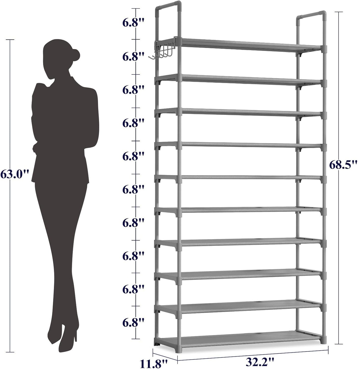 Kitsure Shoe Rack for Closet - 10-Tier Shoe Organizer with Hook Rack, Large-Capacity & Space-Saving Shoe Shelf for Entryway, Bedroom, Living Room,32.2" x 11.8" x 68.5", Black