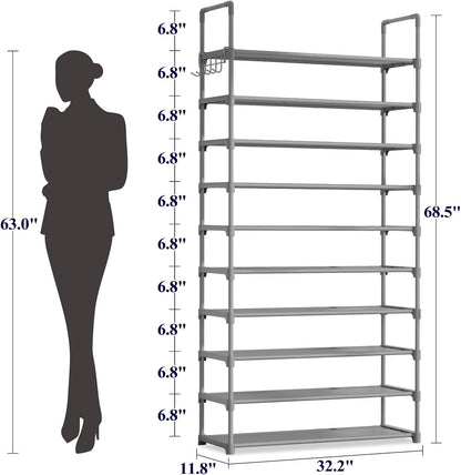Kitsure Shoe Rack for Closet - 10-Tier Shoe Organizer with Hook Rack, Large-Capacity & Space-Saving Shoe Shelf for Entryway, Bedroom, Living Room,32.2" x 11.8" x 68.5", Black
